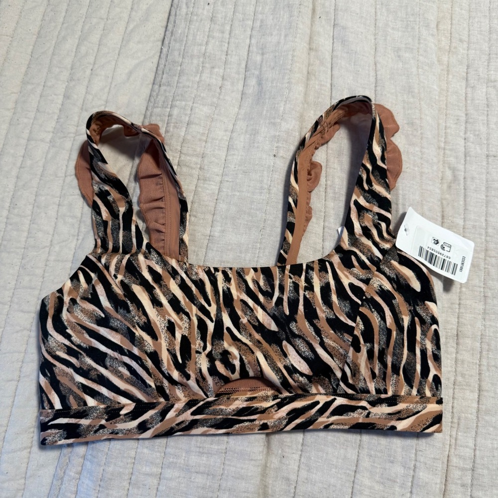 NWT Adidas CoreFlow Studio Medium-Support Sports Bra Brown Black Ruffle Animal S